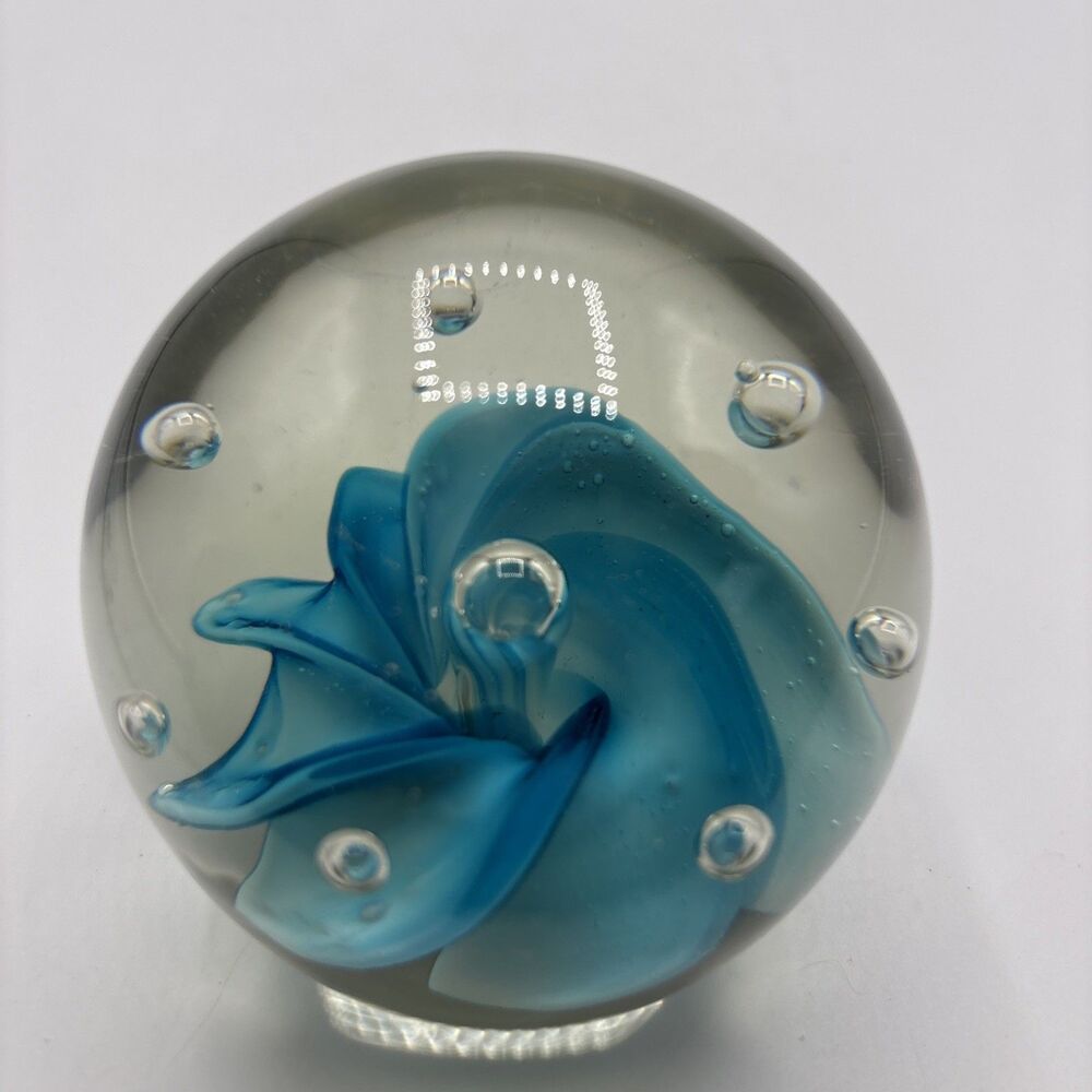Vintage Glass Paperweight Teal and White Swirl with Controlled Bubbles